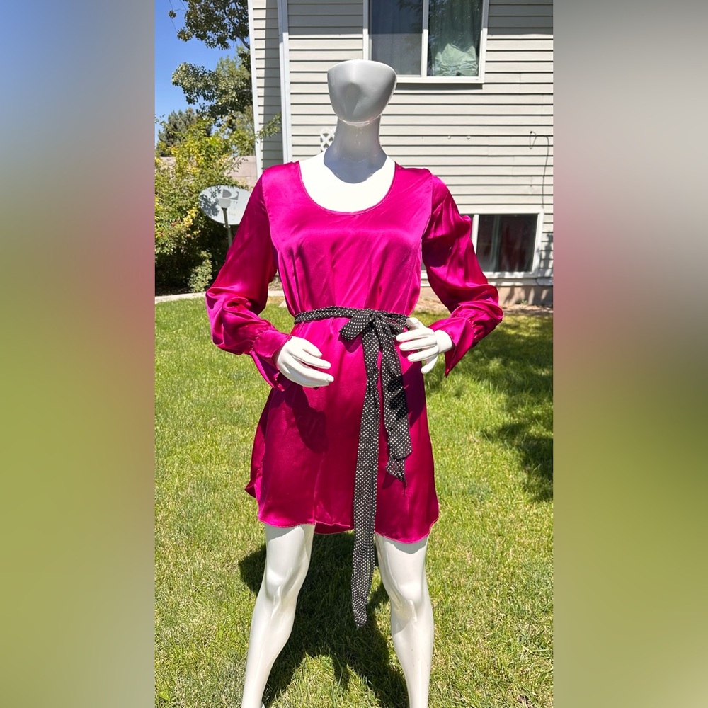 Vibrant Magenta Long Sleeve Dress with Polka Dot Belt